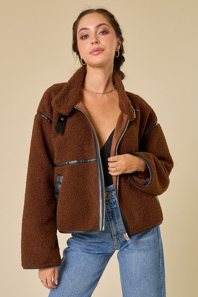 Blue Blush - CONTRAST LEATHER DETAIL SHERPA JACKET