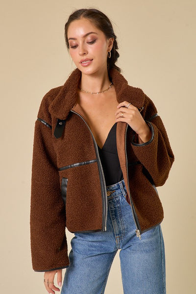 Blue Blush - CONTRAST LEATHER DETAIL SHERPA JACKET