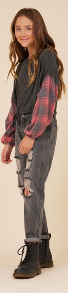 Vintage Havana - DISTRESSED HIGH RISE BOYFRIEND JEAN - BLACK