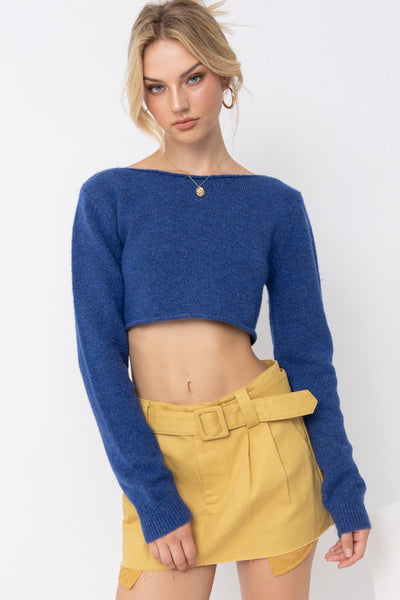 Pretty Garbage - LONG SLEEVE CROPPED FUZZY SWEATER  - DARK BLUE