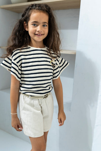 Like Flo - Navy Striped Knit Top with Flutter Sleeves