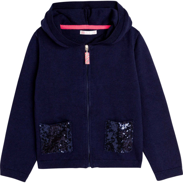 Billieblush Apparel - Sequin Pocket Hooded Cardigan - Navy