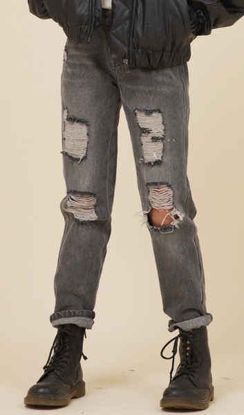 Vintage Havana - DISTRESSED HIGH RISE BOYFRIEND JEAN - BLACK