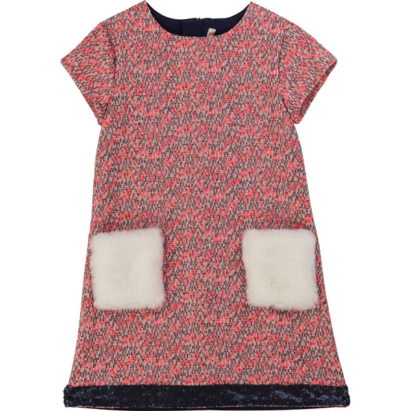 BILLIEBLUSH Girls Short Sleeve Dress with Faux Fur Pockets