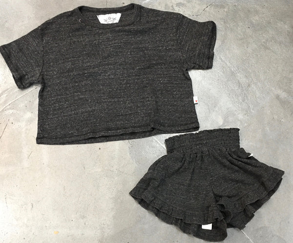 T2Love - Heathered Charcoal Smocked Shorts with Ruffle
