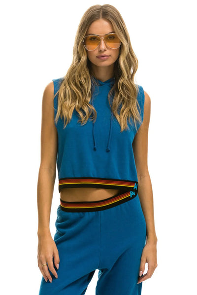 Aviator Nation - LOGO STRIPE SLEEVELESS CROP PULLOVER HOODIE - CARIBBEAN