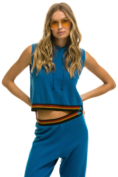 Aviator Nation - LOGO STRIPE SLEEVELESS CROP PULLOVER HOODIE - CARIBBEAN