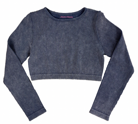 Suzette - Junior Ribbed Mineral Wash Long Sleeve Crop Top - Navy