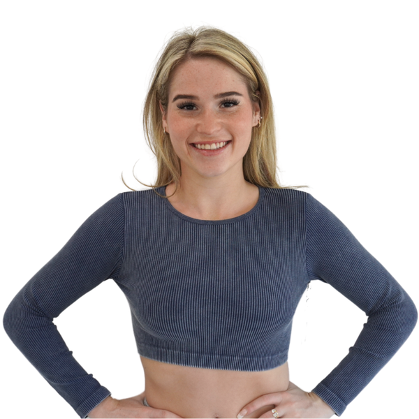 Suzette - Junior Ribbed Mineral Wash Long Sleeve Crop Top - Navy