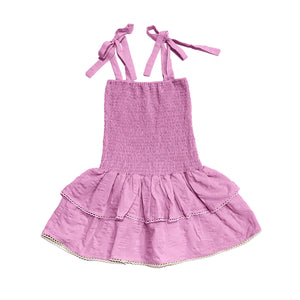 Little Olin - Pink Sleeveless Smocked Dress with Tie Shoulders