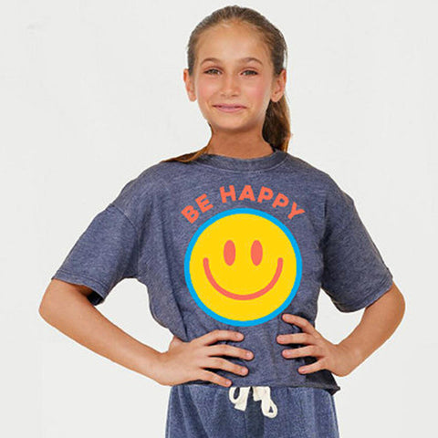 Vintage Havana - Burnout Short Sleeve Tee with Large Be Happy Smiley Decal