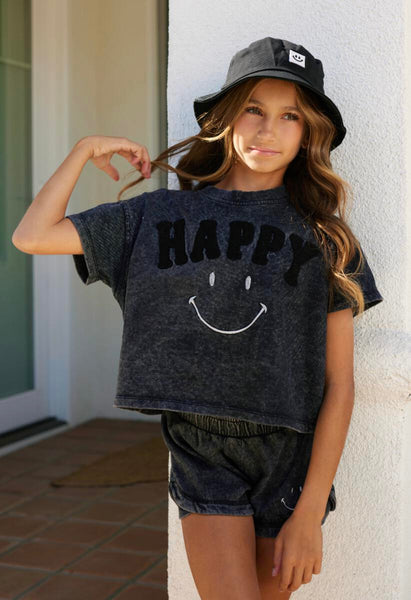 Vintage Havana - Washed Black Happy Tee with Embroidered Smiley