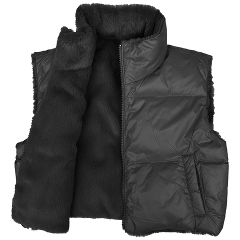 Love Daisy -Reversible Fur / Nylon Crop Vest-Black