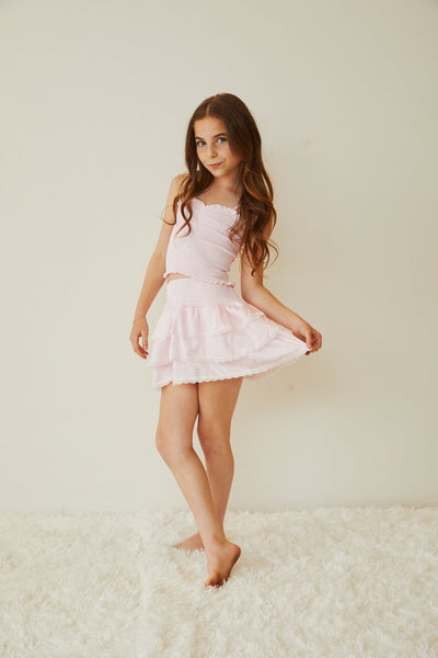 Theme - Gemma Pastel Pink & White Gingham Hearts Satin Mini Skirt