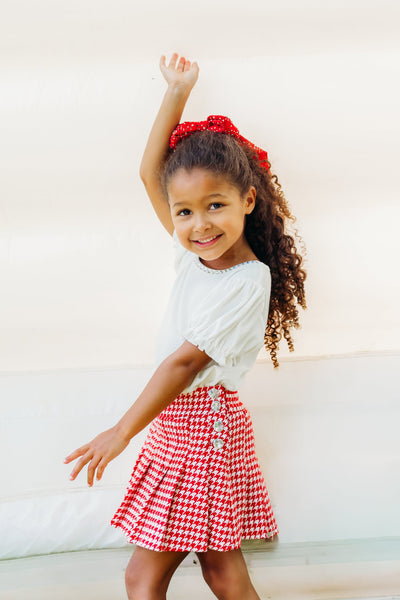 Red and White Houndstooth Gem Button Pleat Skirt (PREORDER)