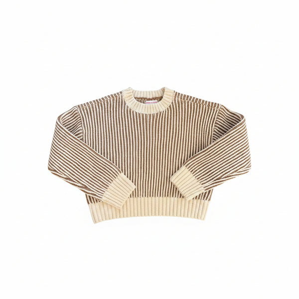 Design History - Cream and Brown Striped Knit Sweater with Ribbed Round Collar