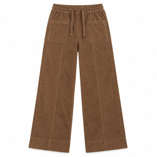 Tenly - Brown Wide Leg Corduroy Pants with an Elastic Drawstring Waist
