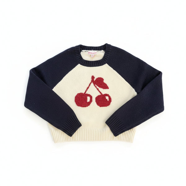 Design History- Navy Blue Raglan Cozy Knit Pullover Sweater with Cherry Graphic
