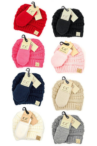 C.C Solid Ribbed Baby Beanie and Mitten Set