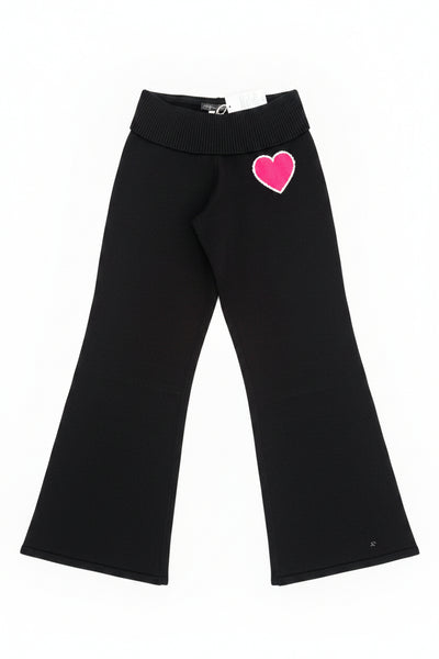 Vintage Havana - Black Fold Over Waist Wide Leg Knit Pants With Hot Pink Heart