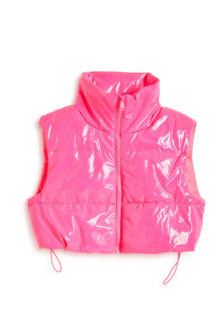 Tractr - Cropped Puffer Vest With Pull Tab - Neon Pink