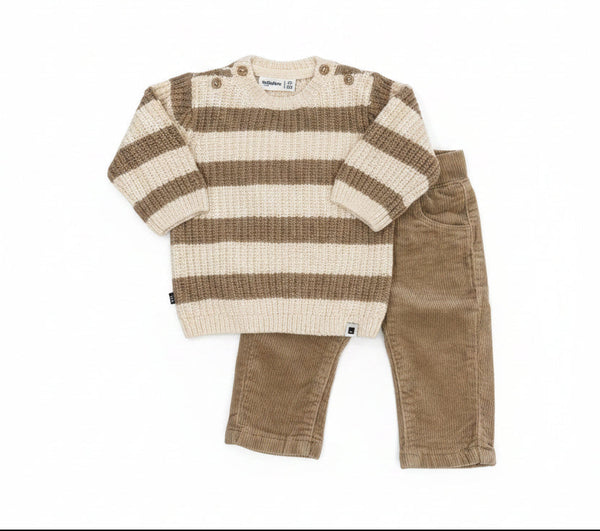 Babyface -Neutral Knit Striped Sweater with Tan Corduroy Pant Set