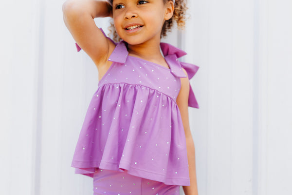 Lavender Bow Two-Piece Gem Stamped Athletic Set