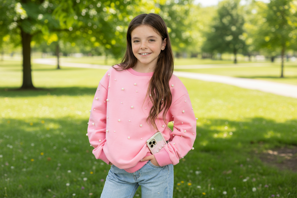 Tweenstyle by Stoopher - Pink Crewneck Sweatshrt with Scattered Pearls