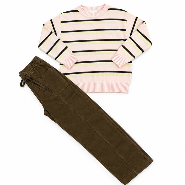 Tenly - Pink Crewneck Sweater with Brown and Yellow Accent Stripes