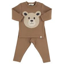 Oh Baby - Bear Face Long Sleeve 2 Piece Set-Chocolate