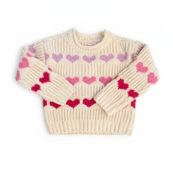 Design History - Cream Pullover Sweater with Colorful Hearts Across The Chest