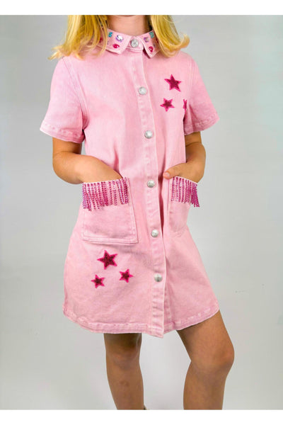 Pink Fringe Denim Dress