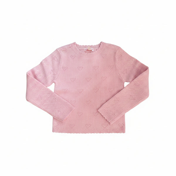 Design History - Pink Ribbed Knit Top with all over Subtle Heart Pattern and Scalloped Edges
