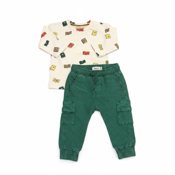 Babyface -Off White All Over Book Long Sleeve with Green Cargo Pants