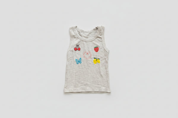 Flowers by Zoe- Grey Ribbed Tank Top with Printed Fruit and Butterfly Patchwork