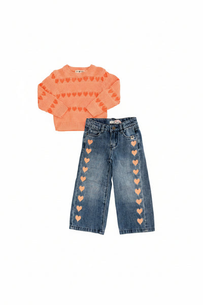 Babyface - Denim Wide Leg Jeans with a Line of Salmon Pink Hearts