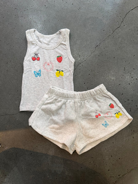 Flowers by Zoe -  Grey Fleece Shorts with Printed Fruit and Butterfly Patchwork