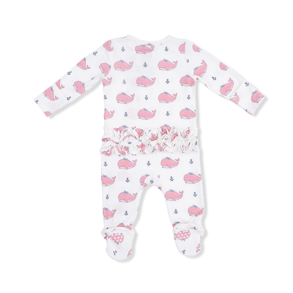Angel Dear - Bubbly Whale with Bow Pink 2 Way Ruffle Back Zipper Footie