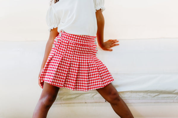 Red and White Houndstooth Gem Button Pleat Skirt (PREORDER)