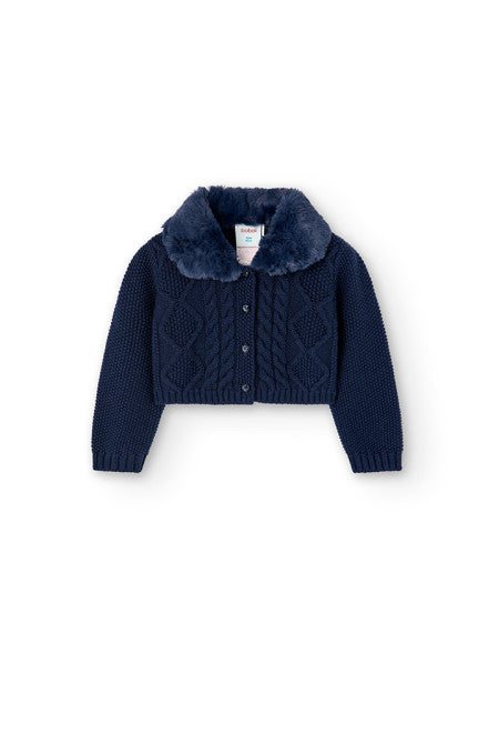 Boboli - Navy Cropped Cable Cardigan with Faux Fur Collar