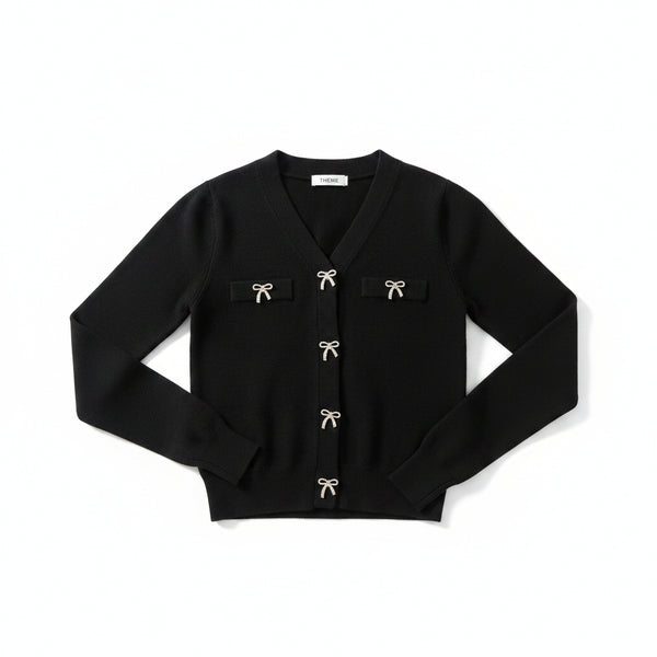 Theme - Mickey Black With Bow Buttons Sweater Cardigan