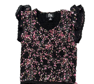 Flowers by Zoe - Black/Pink Floral Top with Lace Trim