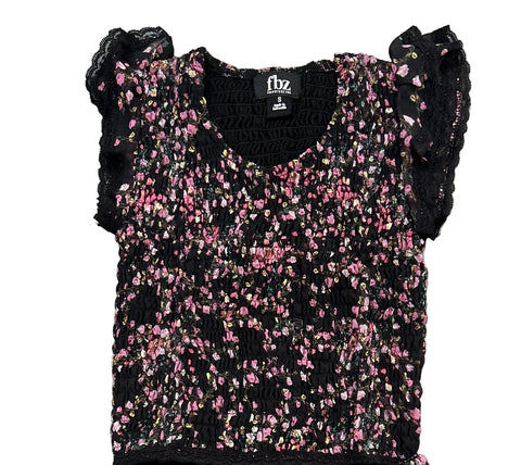 Flowers by Zoe - Black/Pink Floral Top with Lace Trim