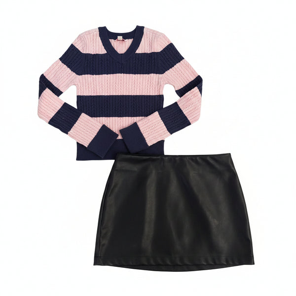 Design History - Pink and Navy Blue Striped Cable Knit V Neck Sweater with Cuff Sleeves