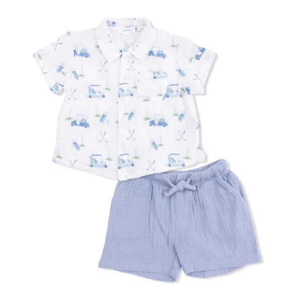 Angel Dear -Baby Golf Carts Blue- Polo 1  Button Up with Casual Short