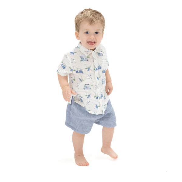 Angel Dear -Baby Golf Carts Blue- Polo 1  Button Up with Casual Short