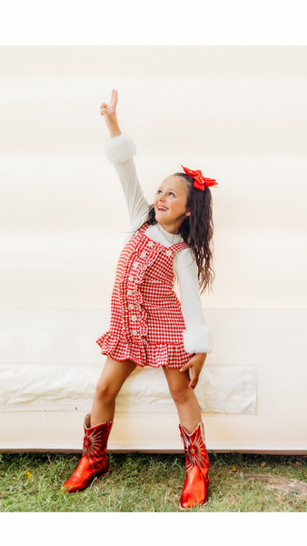 Red and White Houndstooth Ruffle Button Jumper Dress (PREORDER)