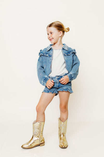 Rhinestone & Ruffle Denim Bomber Jacket