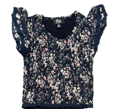 Flowers by Zoe - Navy Floral Top with Lace Trim