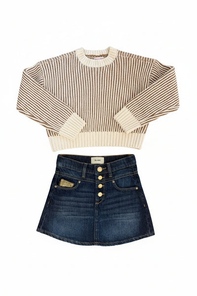 Design History - Cream and Brown Striped Knit Sweater with Ribbed Round Collar
